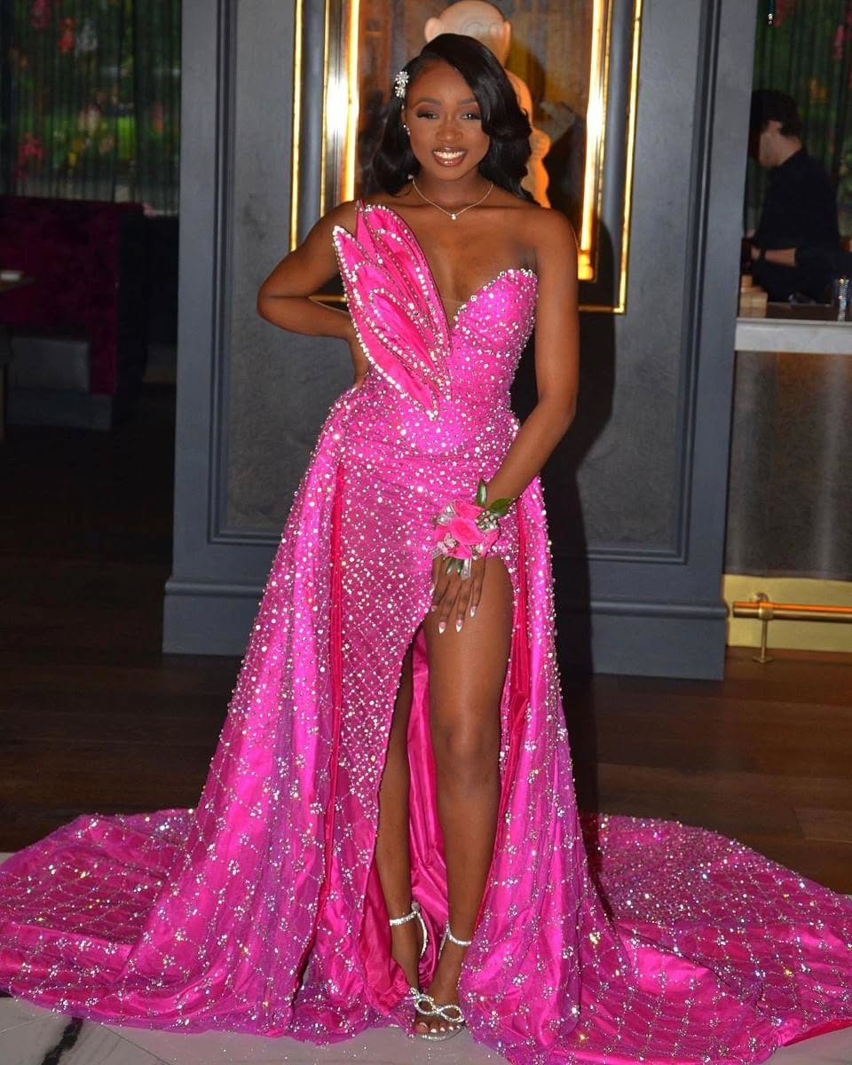 Hot Pink Sequined Prom Dress One Shoulder High Slit Mermaid Gown