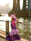 Vestido de baile sereia magenta e roxo real com folho inspirado na herança