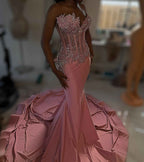 Dusty Rose Beaded Floral Mermaid Prom Dress With Ruffled Train
