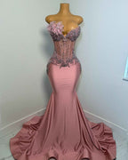 Dusty Rose Beaded Floral Mermaid Prom Dress With Ruffled Train