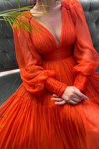 Chiffon Floor Length Prom Dress, Long Sleeve Evening Party Dress