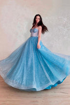 Robe de bal longue en tulle, robe de soirée bleue à lacets avec corset