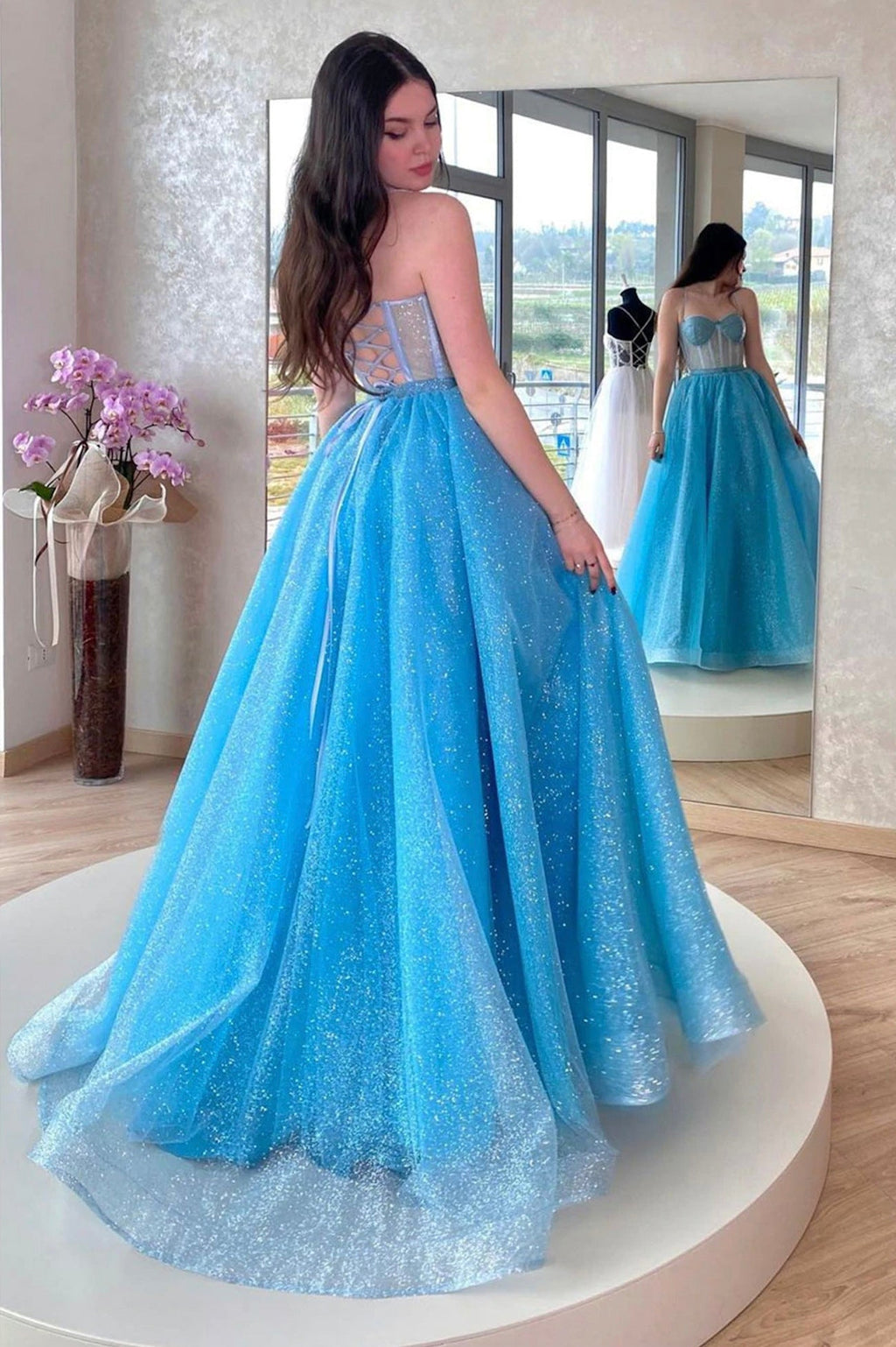 Robe de bal longue en tulle, robe de soirée bleue à lacets avec corset