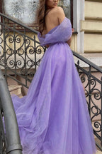 Robe de bal longue en tulle coupe évasée, épaules dénudées, robe de soirée pour fête