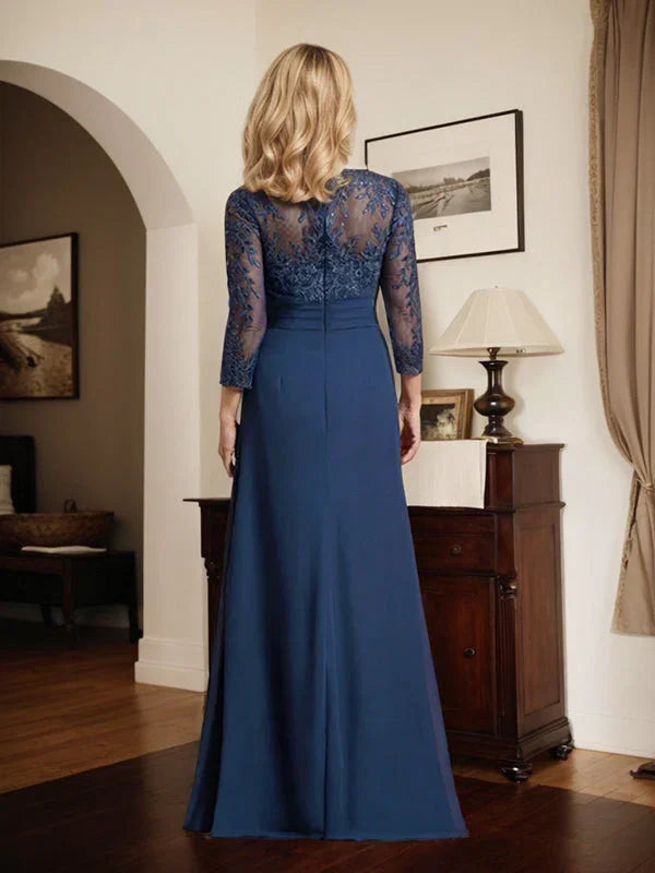 Vestido de Mãe da Noiva em Renda e Chiffon com Decote em V, Corte Coluna, Ilusão, Comprimento até ao Chão, com Lantejoulas Pregueadas