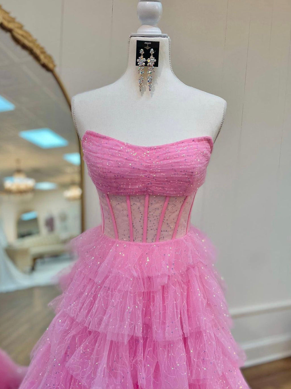 Roycebridal Aubriella | Abito da cerimonia a linea ad A senza spalline con corsetto, tulle scintillante e balze