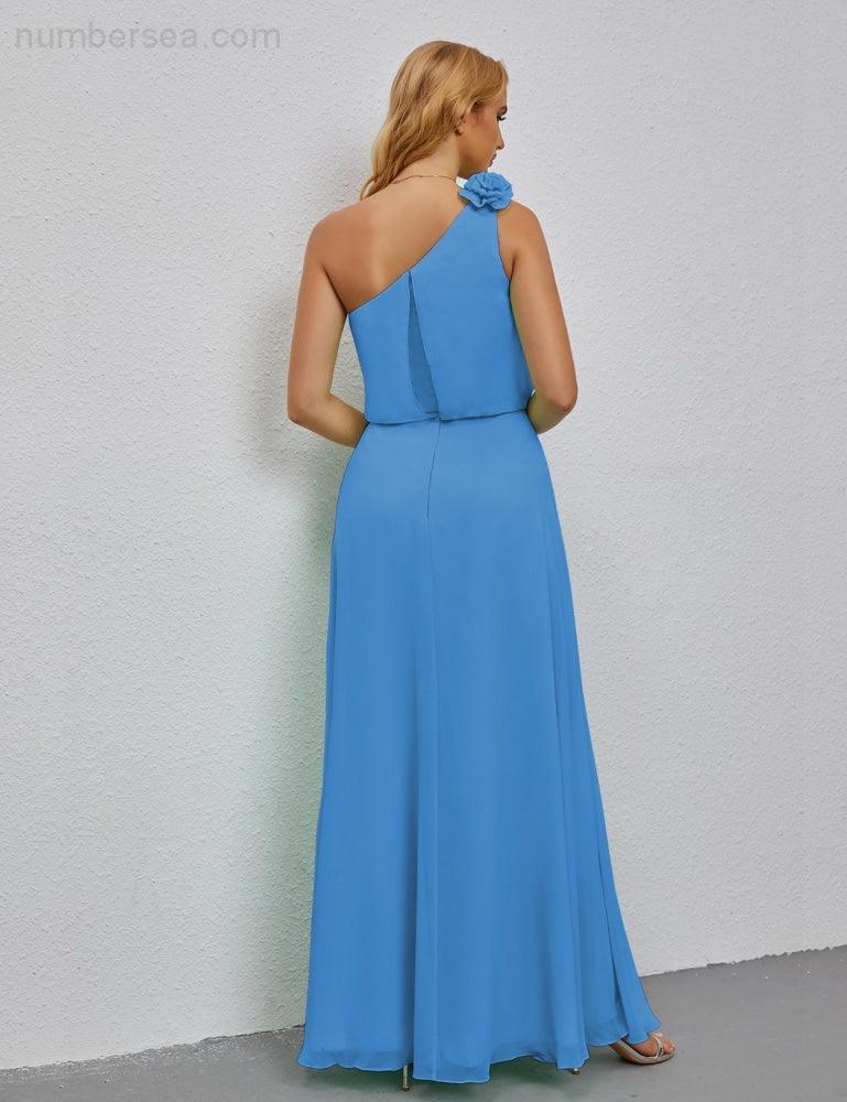 Ruffled One Shoulder Sleeveless Long Bridesmaid Dresses A-line Formal Evening Gown Side Split 28080