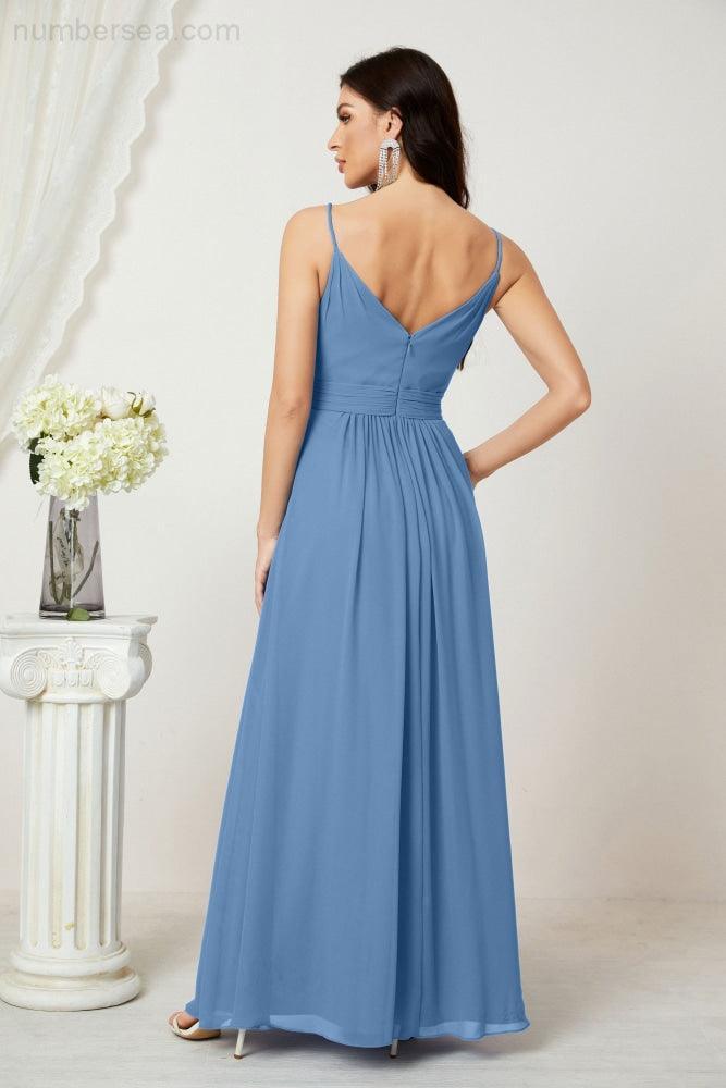 Chiffon V-Neck Bridesmaid Dress Spaghetti Strap Long Formal Party Prom Gowns with Slit 28010