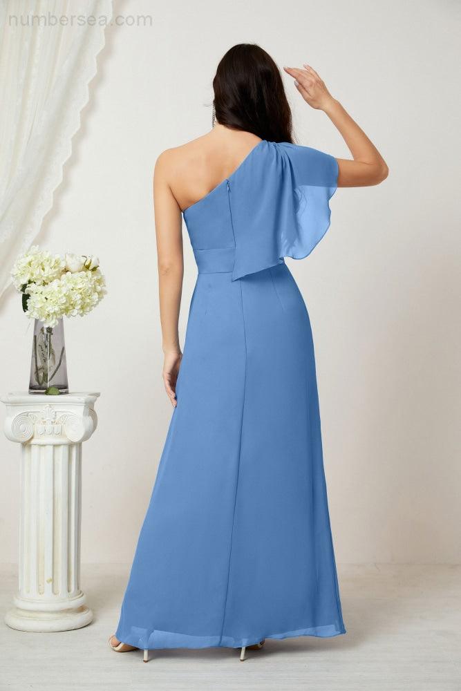 Chiffon Ruffled One Shoulder Long Bridesmaid Dresses A-line Formal Evening Gown Side Split 2809