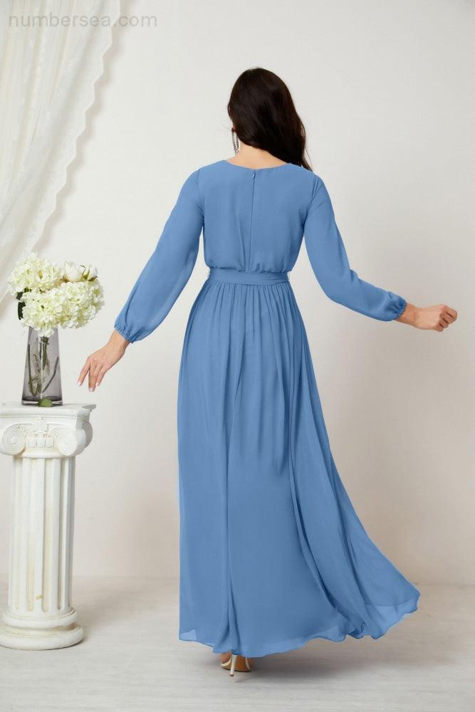 Evening Dresses Deep V-Neck Chiffon Bridesmaid Dresses Long Bishop Sleeve Side Split Formal Dress 2806