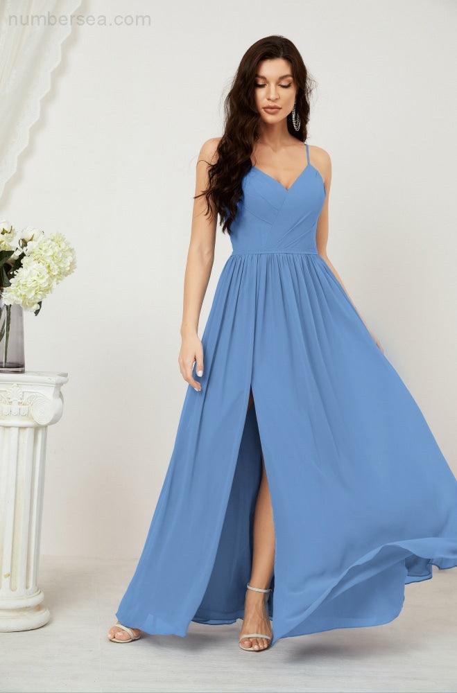 Neck Bridesmaid Dresses Chiffon Long Spaghetti A-line Formal Prom Gown for Wedding Party Evening 2801