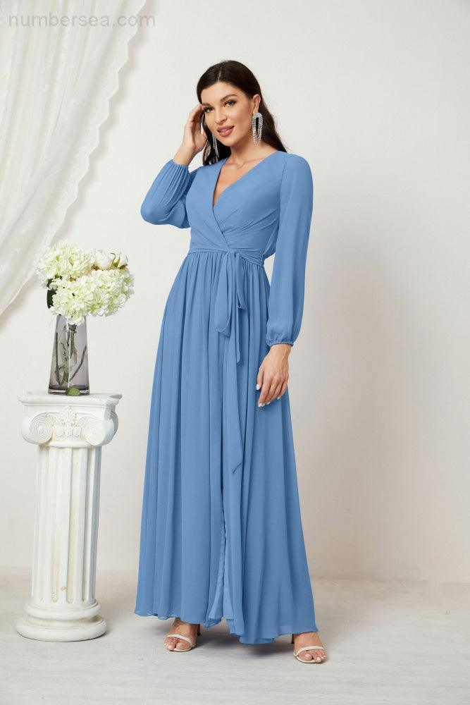 Evening Dresses Deep V-Neck Chiffon Bridesmaid Dresses Long Bishop Sleeve Side Split Formal Dress 2806