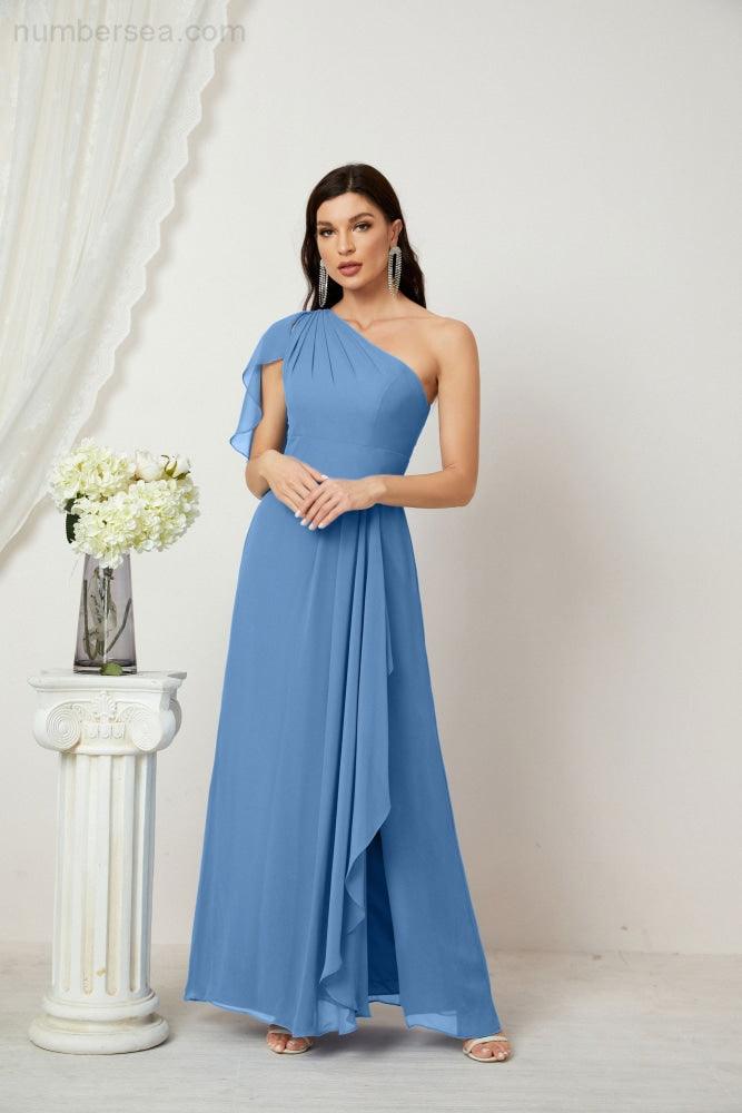 Chiffon Ruffled One Shoulder Long Bridesmaid Dresses A-line Formal Evening Gown Side Split 2809