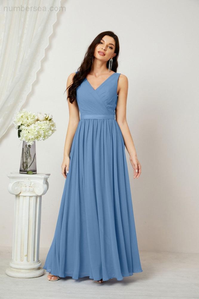 Abiti lunghi da damigella in chiffon da donna, linea a, senza maniche, abito formale da ballo per serata, abiti per festa di ritorno a casa 2808