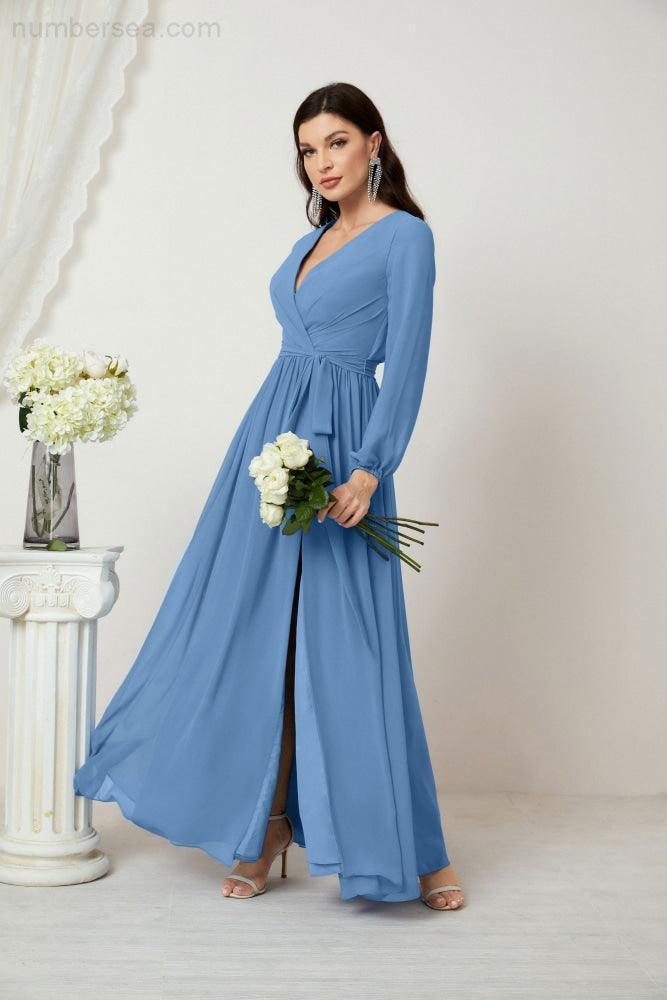 Evening Dresses Deep V-Neck Chiffon Bridesmaid Dresses Long Bishop Sleeve Side Split Formal Dress 2806