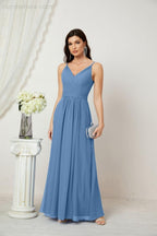 Chiffon V-Neck Bridesmaid Dress Spaghetti Strap Long Formal Party Prom Gowns with Slit 28010