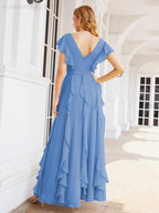 Ruffled Bridesmaid Dresses with Sleeves Long Formal Party Dress 28041