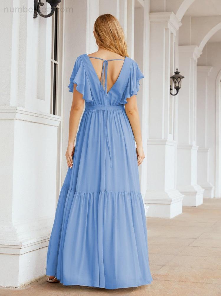 Abiti da sera formali da donna Numbersea con schiena scoperta, scollo a V, lunghi in chiffon, abiti da damigella con cintura in vita 28038