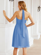Halter Chiffon Bridesmaid Dresses Short Sleeveless Formal Party Dress Open Back 28023