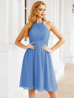 Halter Chiffon Bridesmaid Dresses Short Sleeveless Formal Party Dress Open Back 28023