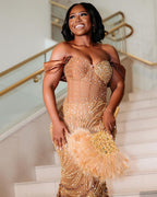 Golden Sunset Ombre Beaded Mermaid Prom Dress With Feather Trim