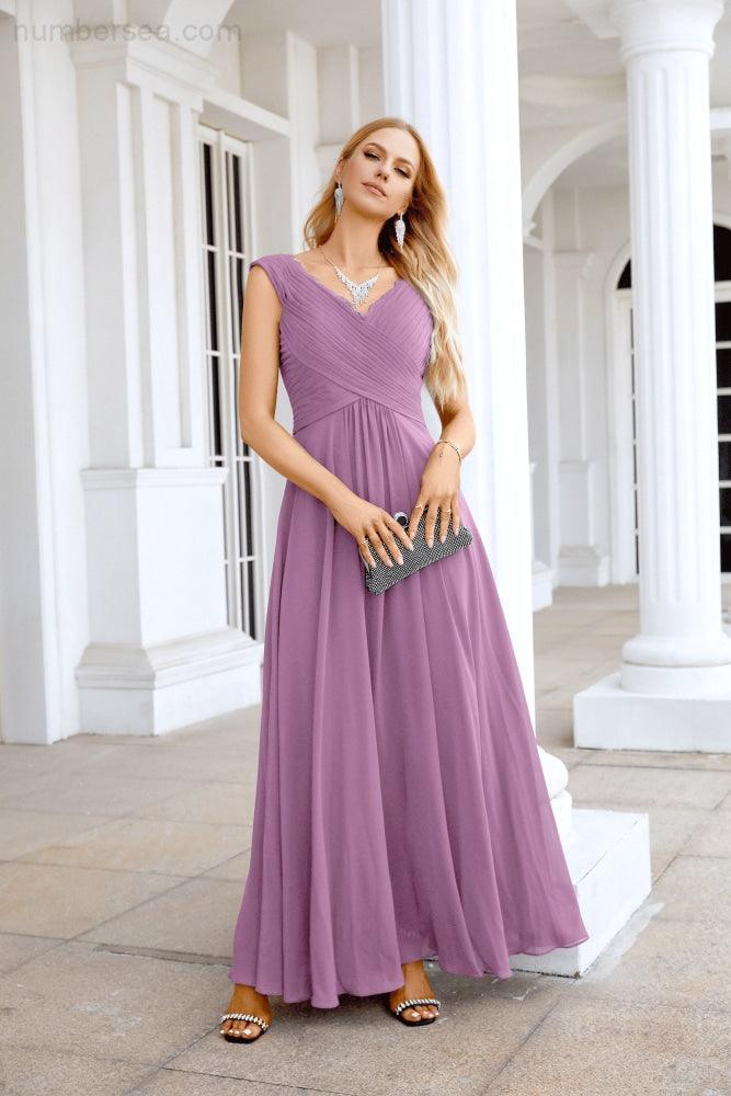 Ladies Chiffon V Neck Sleeveless Floor Length Bridesmaid Evening Dress Wedding Party Evening Dress 28126