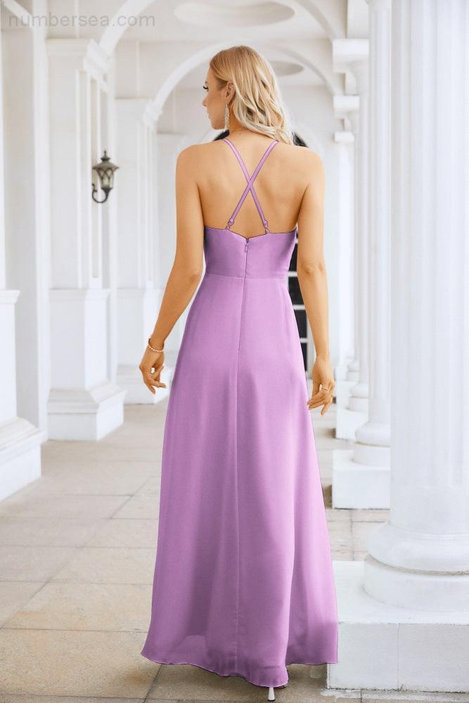 Vestido de Festa Comprido até ao Chão para Damas de Honra, em Chiffon, com Alças Finas, Decote em V e Fenda Frontal, para Baile, Festa e Casamento 28116