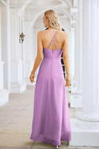 Vestido de Festa Comprido até ao Chão para Damas de Honra, em Chiffon, com Alças Finas, Decote em V e Fenda Frontal, para Baile, Festa e Casamento 28116
