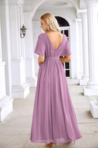 Robe de soirée longue jusqu'au sol pour demoiselle d'honneur, manches en mousseline, encolure ronde, fente avant, pour mariage et fête 28124
