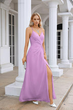 Vestido de Festa Comprido até ao Chão para Damas de Honra, em Chiffon, com Alças Finas, Decote em V e Fenda Frontal, para Baile, Festa e Casamento 28116