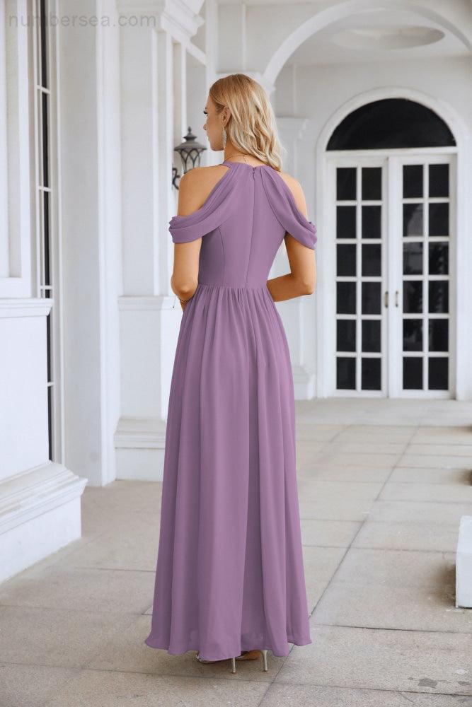 Abito da sera da damigella in chiffon con spalle scoperte, maniche a campana e spacco frontale, abito da festa nuziale 28117