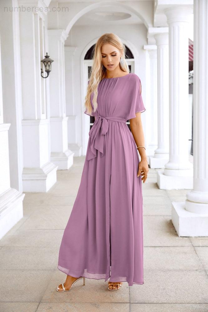 Robe de soirée longue jusqu'au sol pour demoiselle d'honneur, manches en mousseline, encolure ronde, fente avant, pour mariage et fête 28124