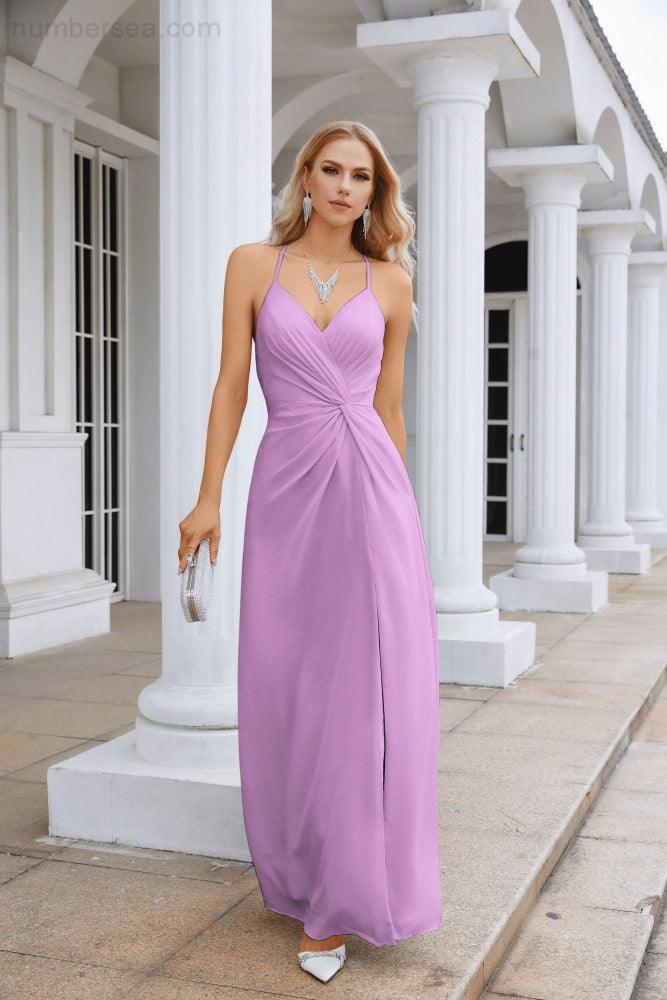Vestido de Festa Comprido até ao Chão para Damas de Honra, em Chiffon, com Alças Finas, Decote em V e Fenda Frontal, para Baile, Festa e Casamento 28116
