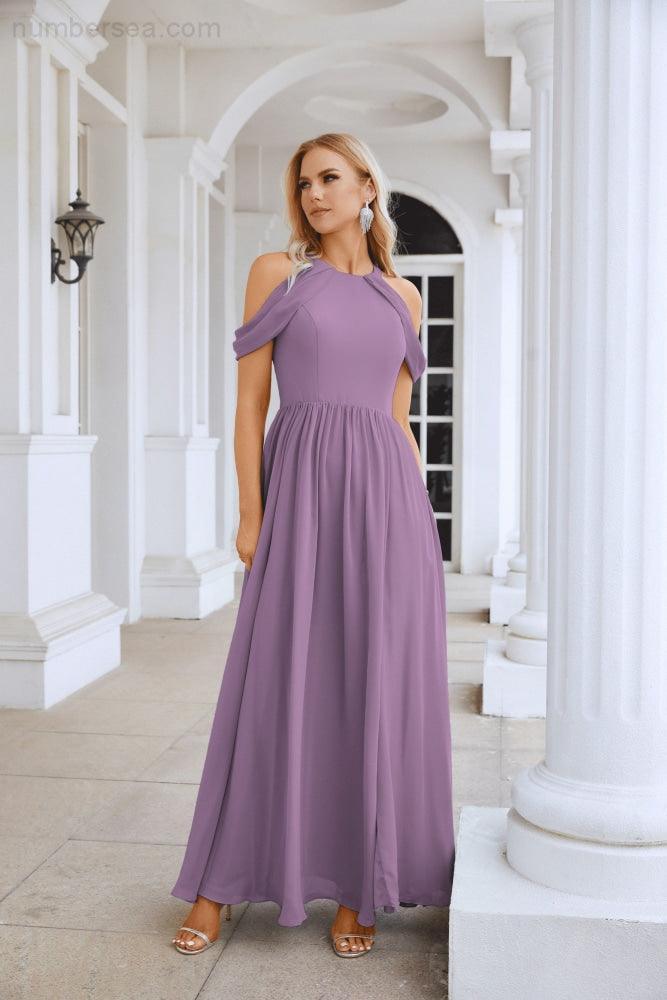 Abito da sera da damigella in chiffon con spalle scoperte, maniche a campana e spacco frontale, abito da festa nuziale 28117