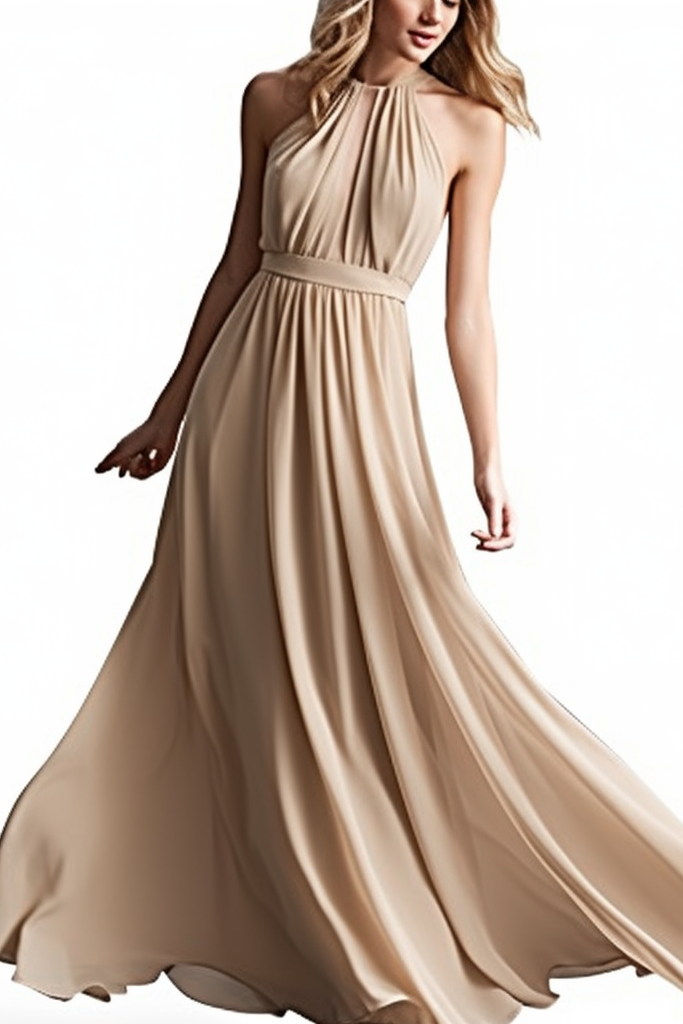 Abito lungo da sera in chiffon senza maniche con collo all'americana e pieghe eleganti