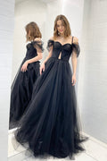 Robe de bal longue en tulle à décolleté cœur, robe de soirée noire en tulle à épaules dénudées