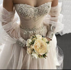 Romantic Lace Long Sleeve Backless Appliques Wedding Dress With Crystal Tulle