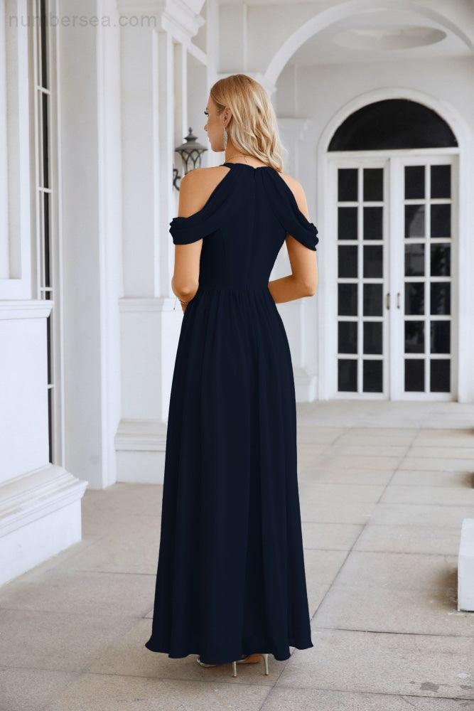 Abito da sera da damigella in chiffon con spalle scoperte, maniche a campana e spacco frontale, abito da festa nuziale 28117