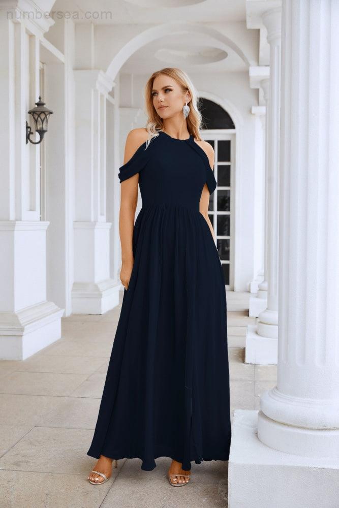 Abito da sera da damigella in chiffon con spalle scoperte, maniche a campana e spacco frontale, abito da festa nuziale 28117