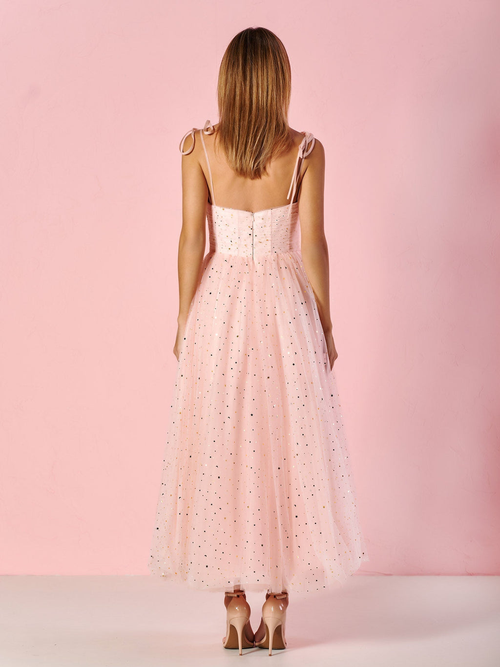 Maxi-Ballkleid aus Tüll mit herzförmigem Ausschnitt und Sternenhimmel-Muster