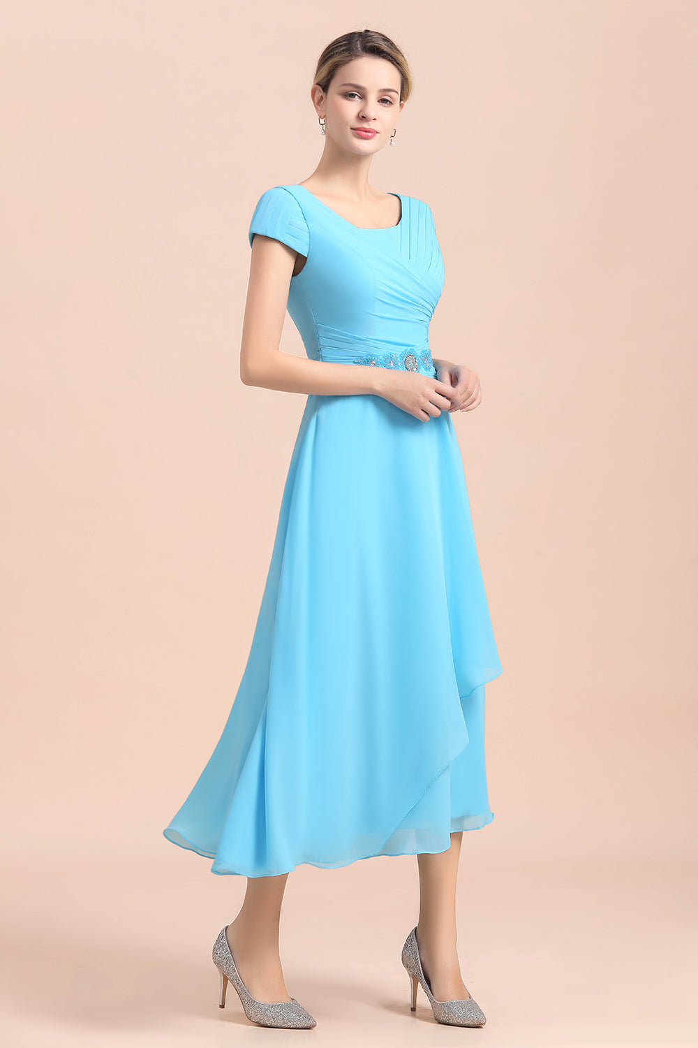 BMbridal Blue Short Sleeves Chiffon Mother of the Bride Dress Tea-Length Online