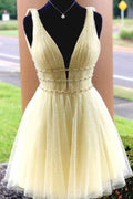 Thalia | Vestido de Regresso a Casa em Tule com Decote em V e Contorno em A com Bordados