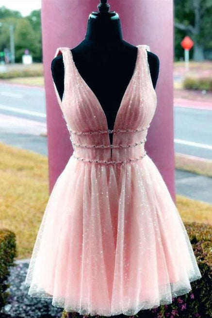 Thalia | A-Linien-Heimkehrkleid aus Tüll mit V-Ausschnitt und Perlenbesatz