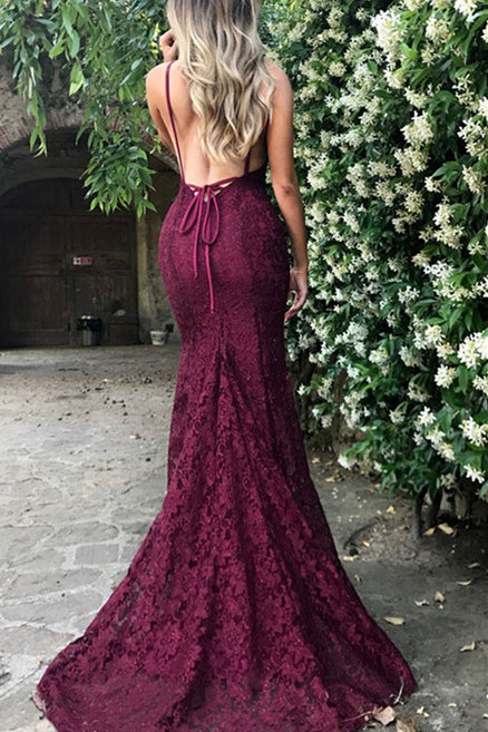 Abito da sera bordeaux in pizzo con scollo a V da sirena sensuale