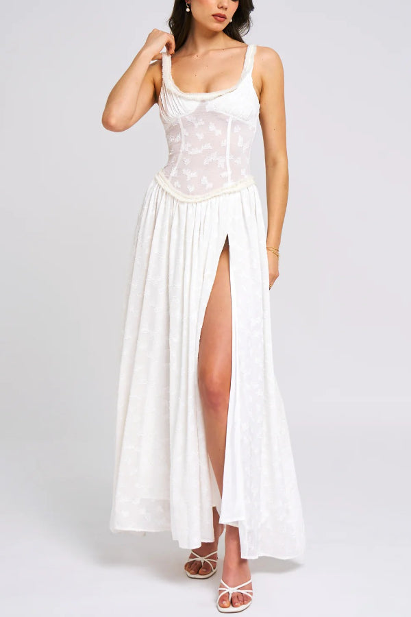 Vestido Maxi Ulissa Verde Claro com Decote Quadrado, Textura Jacquard e Fenda Alta
