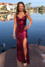 Vestido longo de baile bordô com decote em V e brilho, estilo sereia