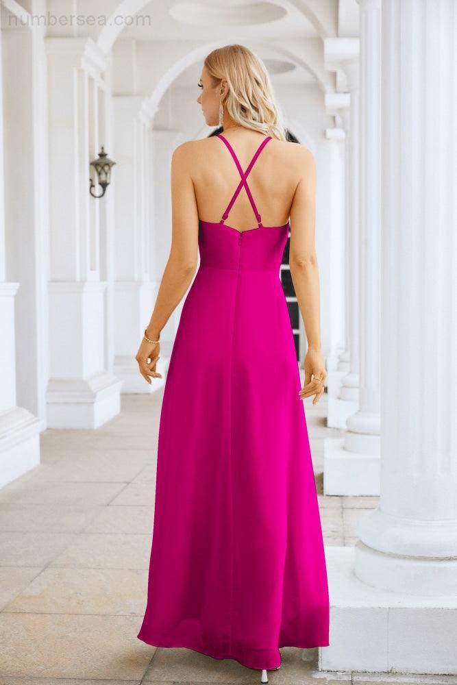 Vestido de Festa Comprido até ao Chão para Damas de Honra, em Chiffon, com Alças Finas, Decote em V e Fenda Frontal, para Baile, Festa e Casamento 28116