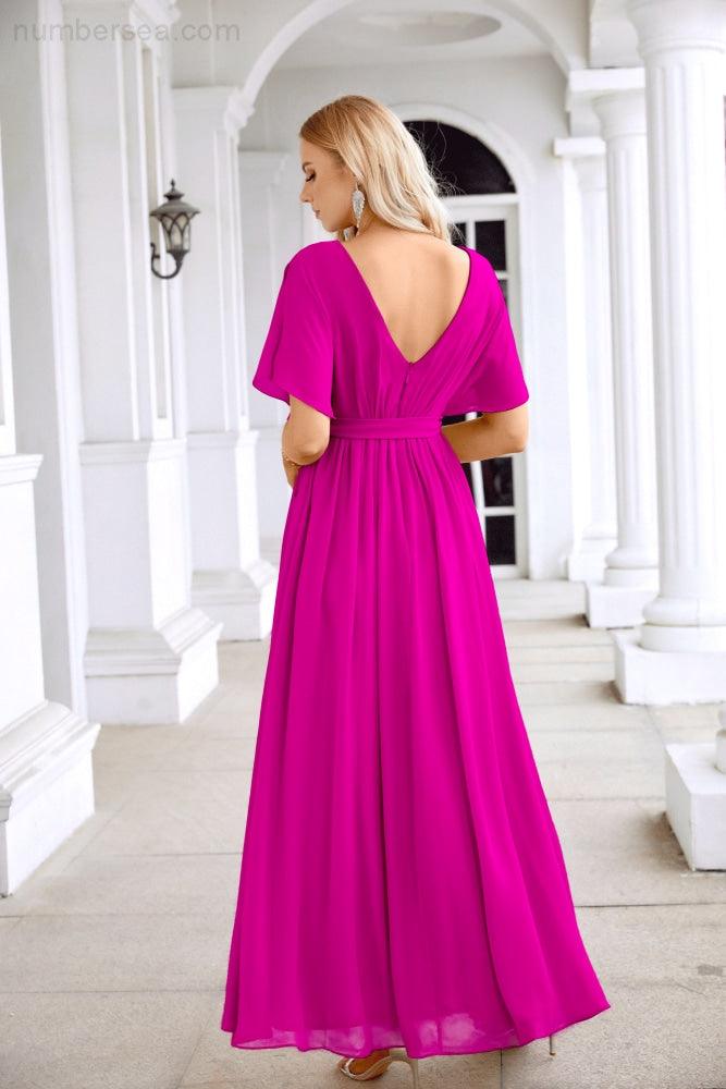 Robe de soirée longue jusqu'au sol pour demoiselle d'honneur, manches en mousseline, encolure ronde, fente avant, pour mariage et fête 28124