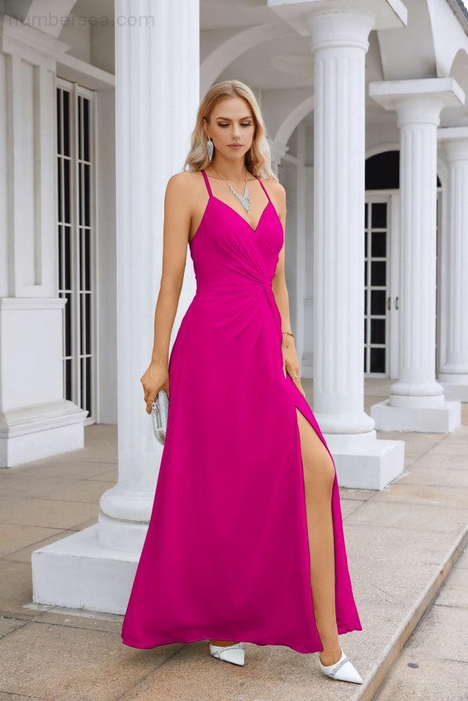 Vestido de Festa Comprido até ao Chão para Damas de Honra, em Chiffon, com Alças Finas, Decote em V e Fenda Frontal, para Baile, Festa e Casamento 28116