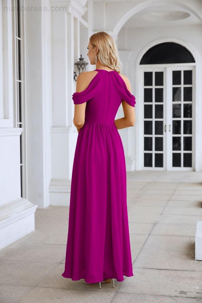 Abito da sera da damigella in chiffon con spalle scoperte, maniche a campana e spacco frontale, abito da festa nuziale 28117